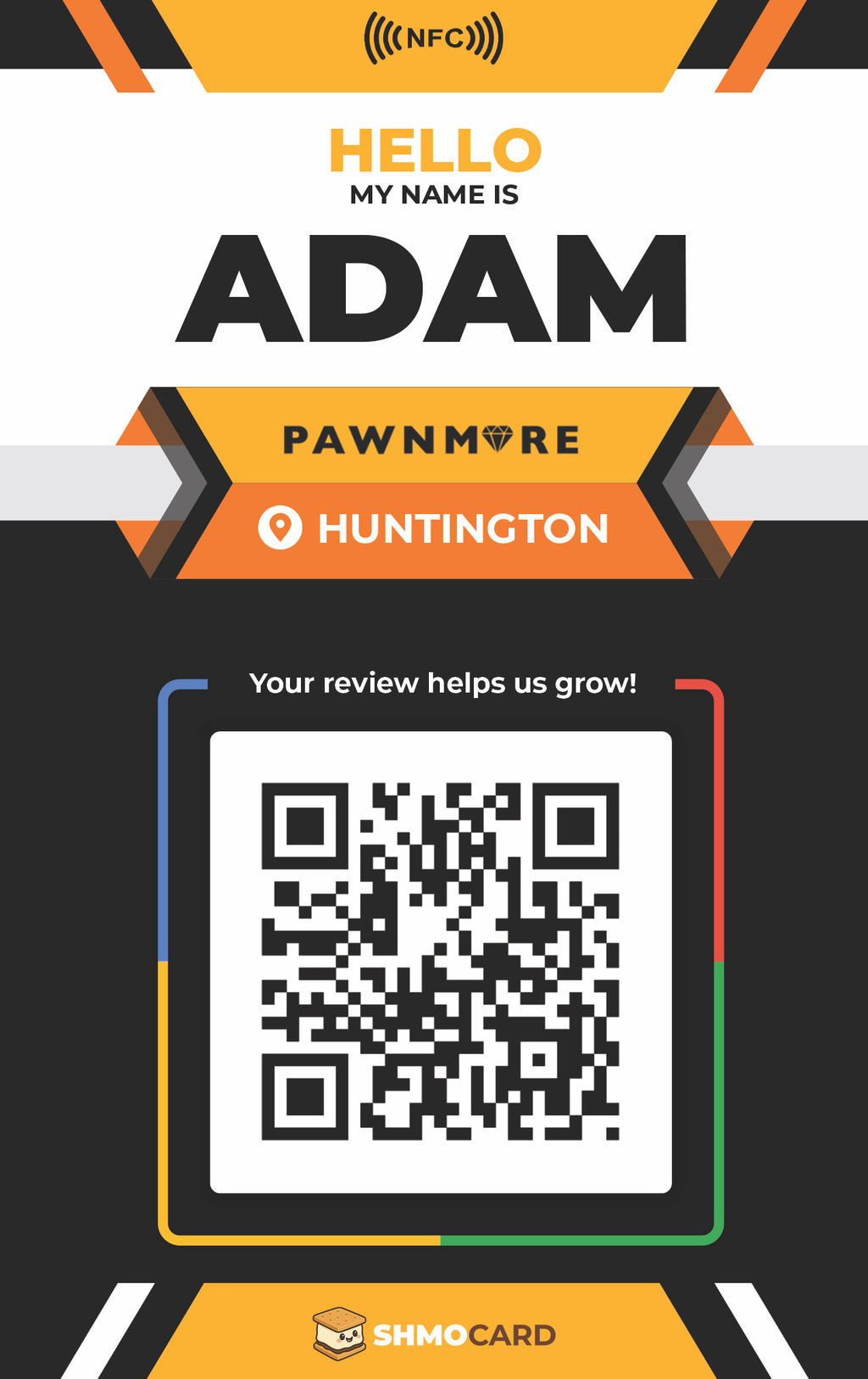 Custom name badge artwork for Adam at Pawnmore Huntington, with an orange and black design