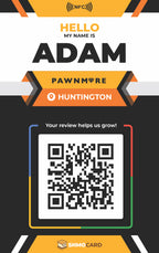 Custom name badge artwork for Adam at Pawnmore Huntington, with an orange and black design