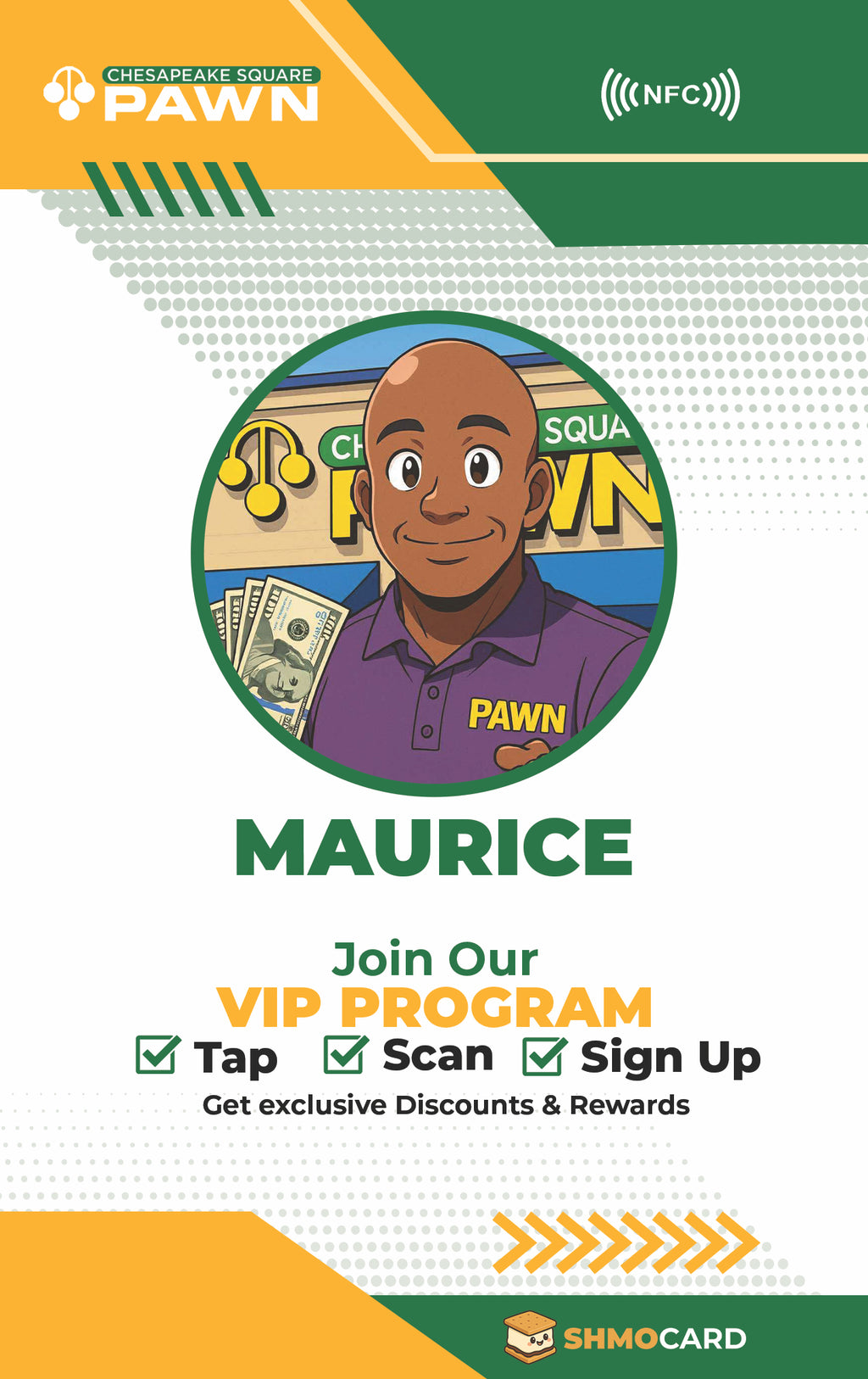 Custom name badge artwork for Maurice at Chesapeake Square Pawn, with an illustrated portrait