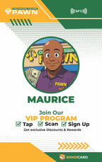 Custom name badge artwork for Maurice at Chesapeake Square Pawn, with an illustrated portrait