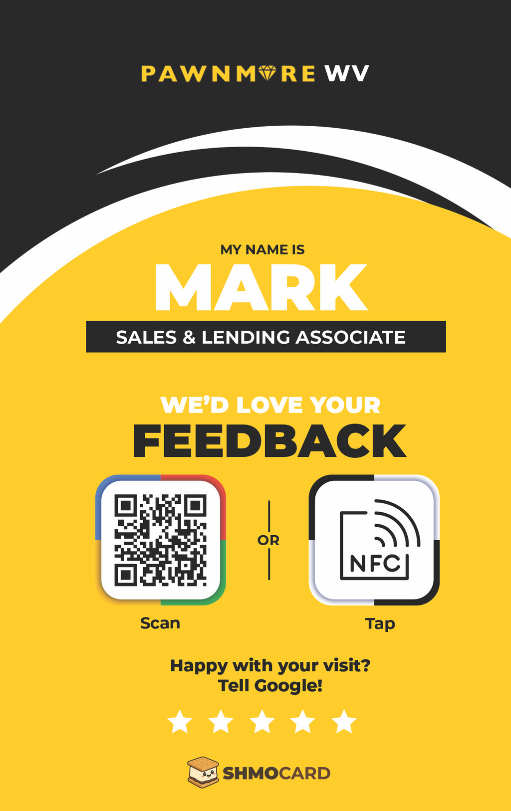 Custom name badge artwork for Mark, a sales and lending associate at Pawnmore WV