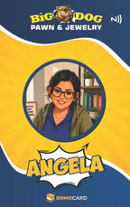 Custom name badge artwork for Angela at Big Dog Pawn, with an illustrated portrait