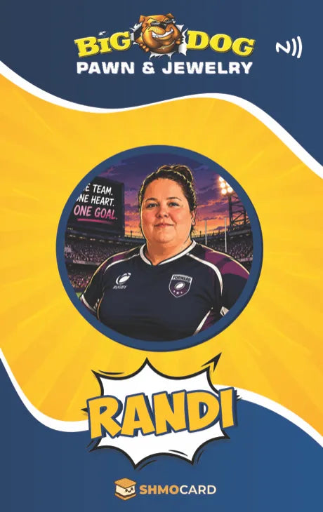 Custom name badge artwork for Randi at Big Dog Pawn, with a soccer-themed portrait