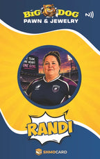 Custom name badge artwork for Randi at Big Dog Pawn, with a soccer-themed portrait