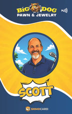Custom name badge artwork for Scott at Big Dog Pawn, with a golf-themed portrait