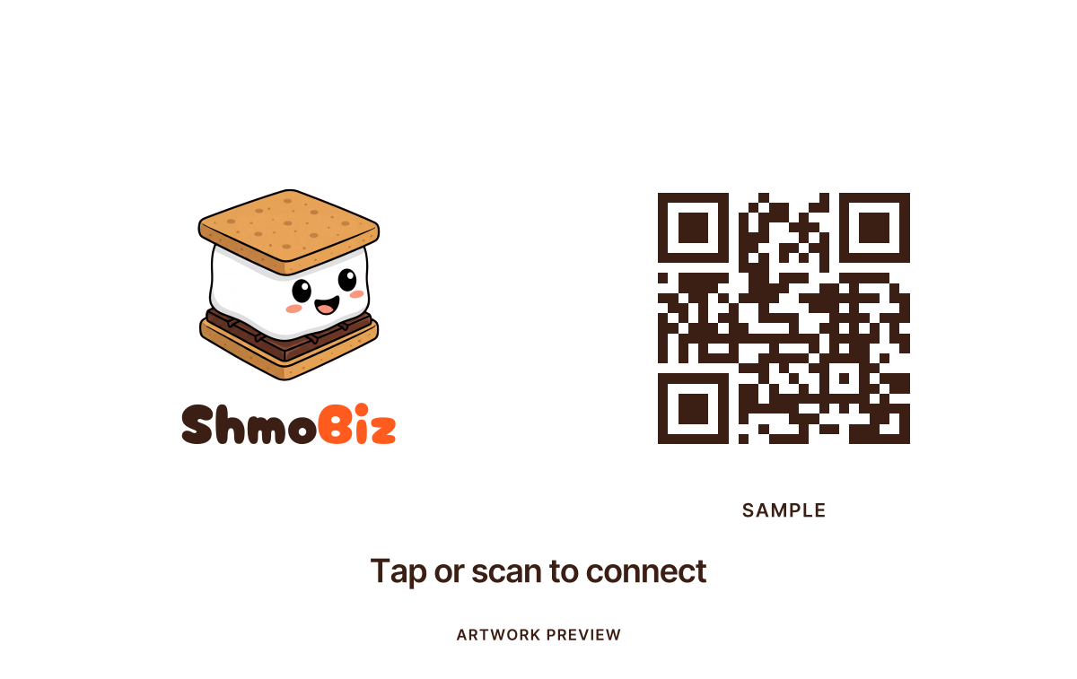 White ShmoBiz card back with s’more mascot and sample QR code